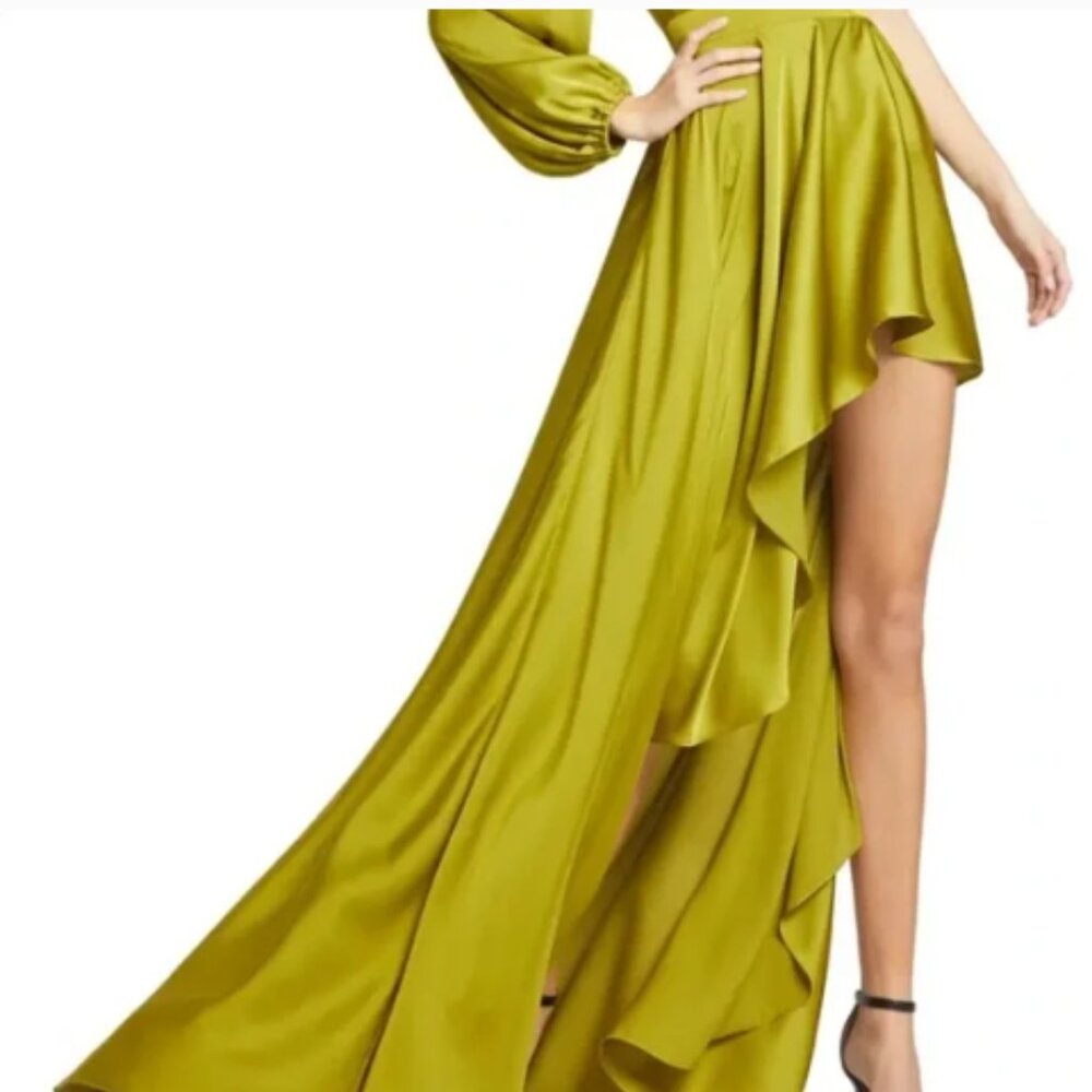Ieena for Mac Duggal One Shoulder A-Line Long Sleeve High Chartreuse Satin Dress - Picture 3 of 15